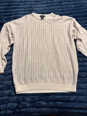 Jos A. Bank Cream Crewneck Sweater with Subtle Multicolor Pinstripes